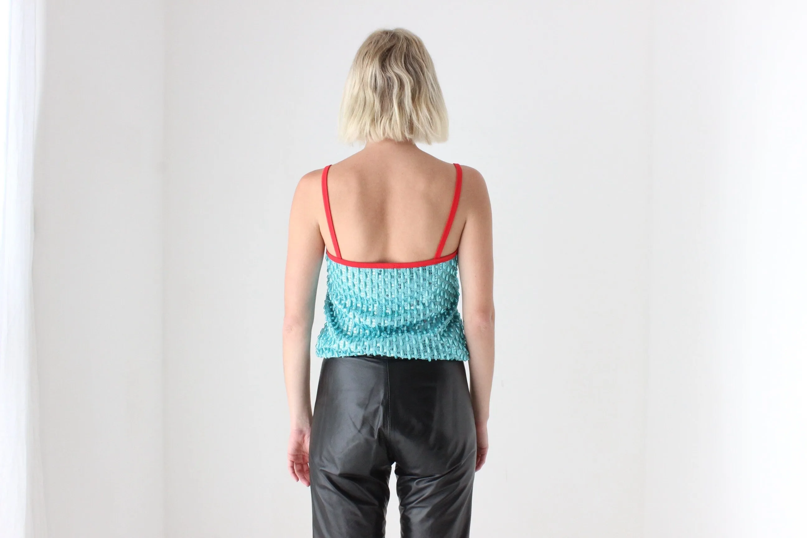 Y2K Aqua Beaded Designer Party Tank Top by Stefanel