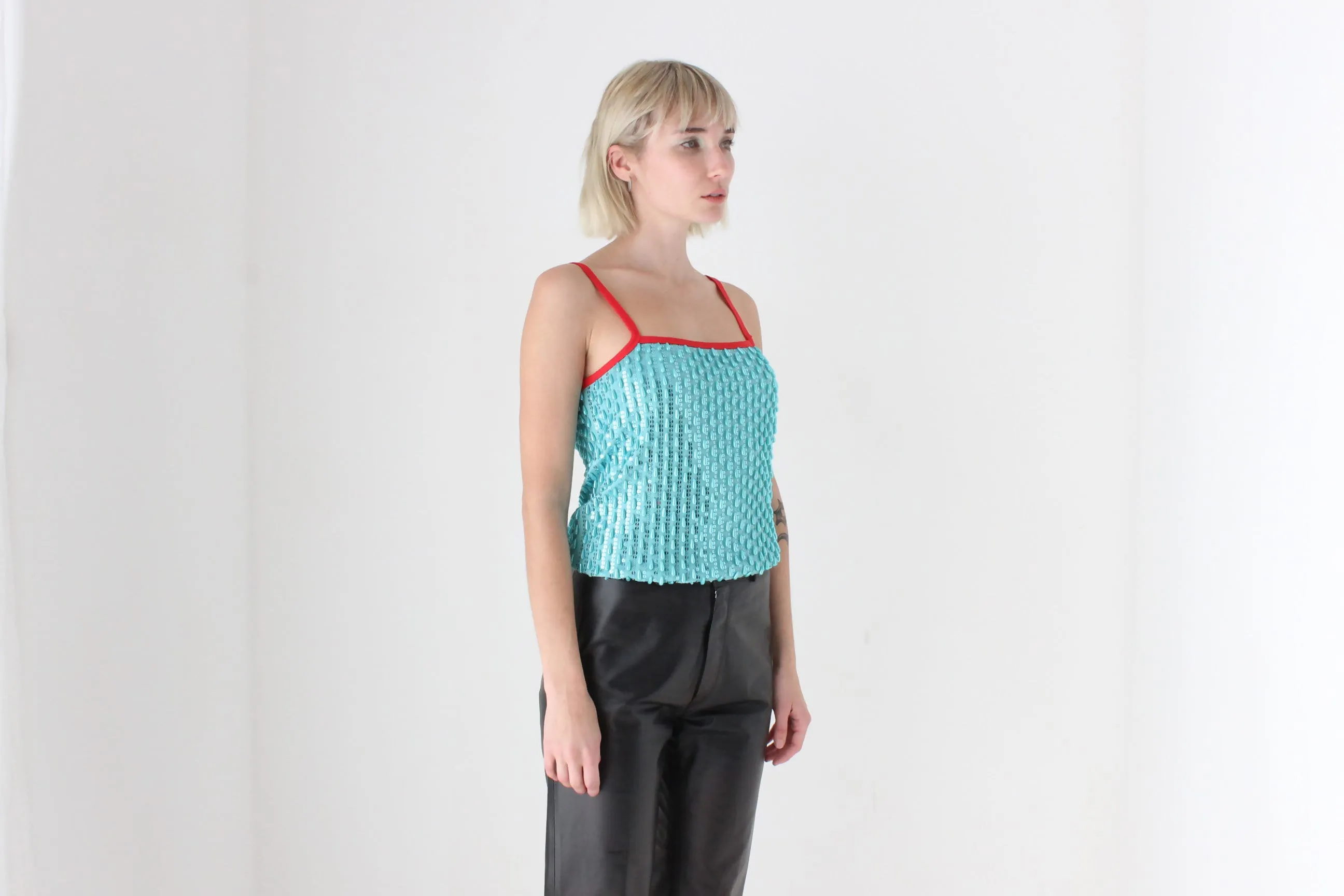 Y2K Aqua Beaded Designer Party Tank Top by Stefanel